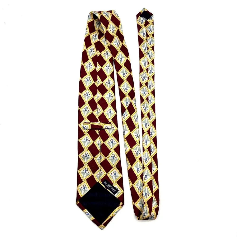 Vintage 90s Lands End Handmade in USA 100% Silk Yellow Red Man Golfing Tie 59